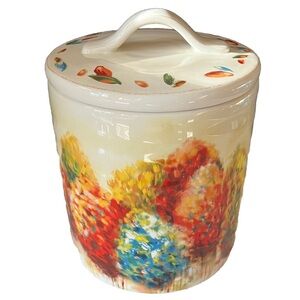 Pier 1 Imports Ironstone Storage Canister With Sealed Lid Colorful Autumn Trees.